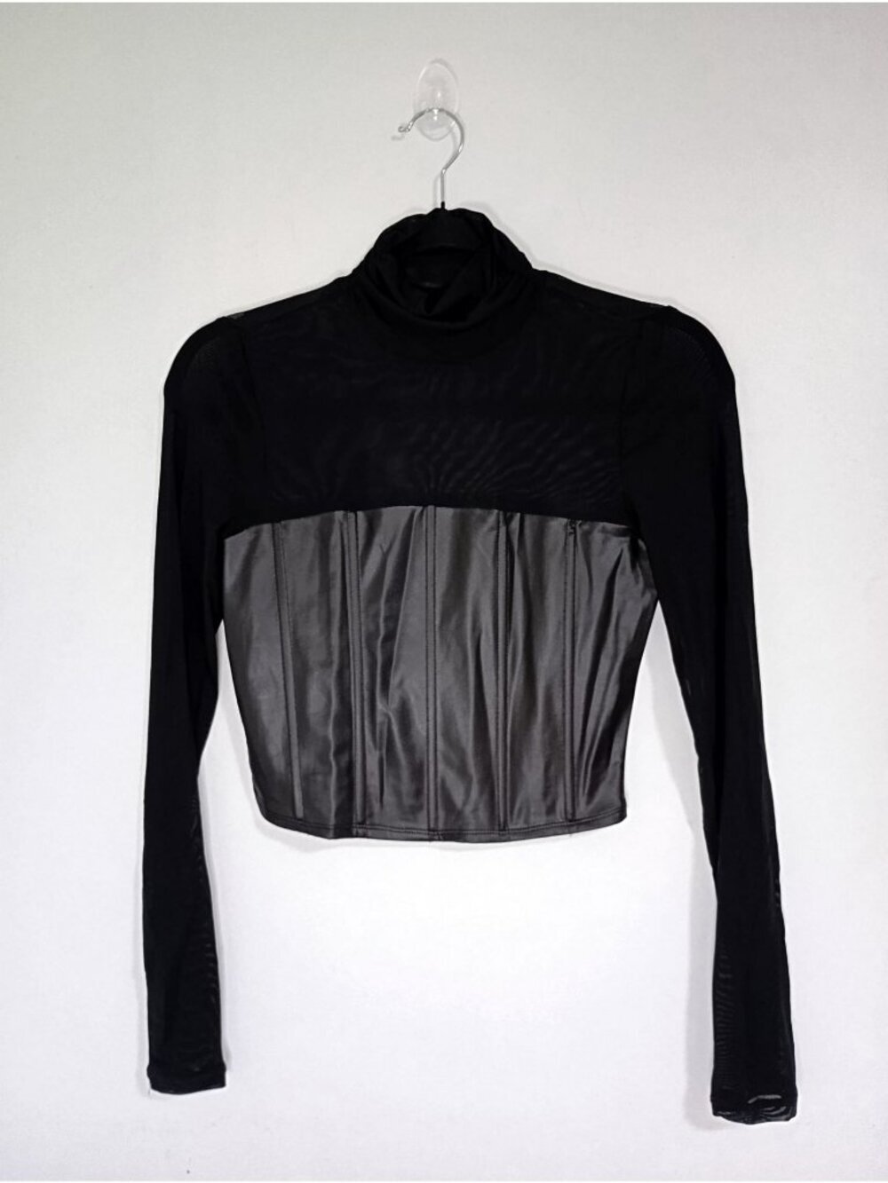Sheer Black Long-Sleeve Mock Neck Mesh Crop Top Faux Leather Paneling Size Small